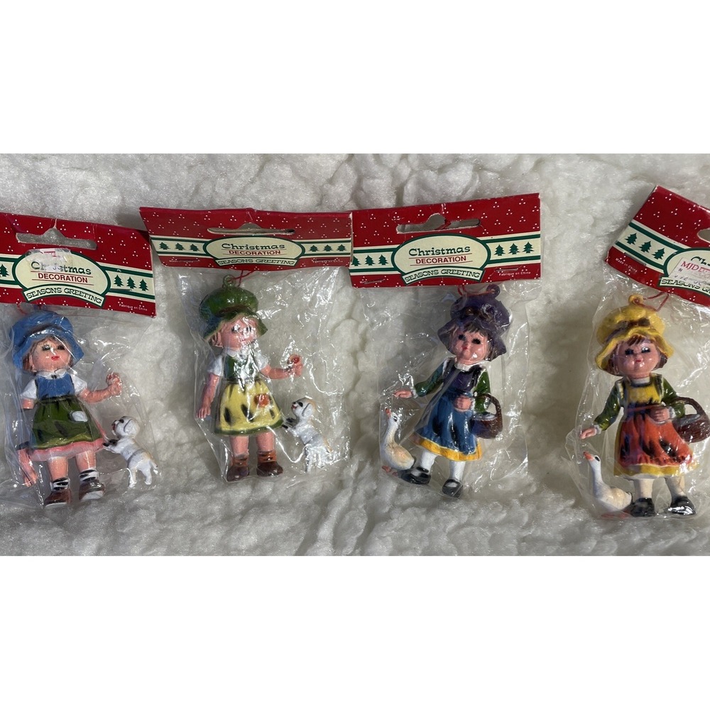 New Sealed Vintage Hong Kong Hard Plastic Children Christmas Ornaments Set Of 4
